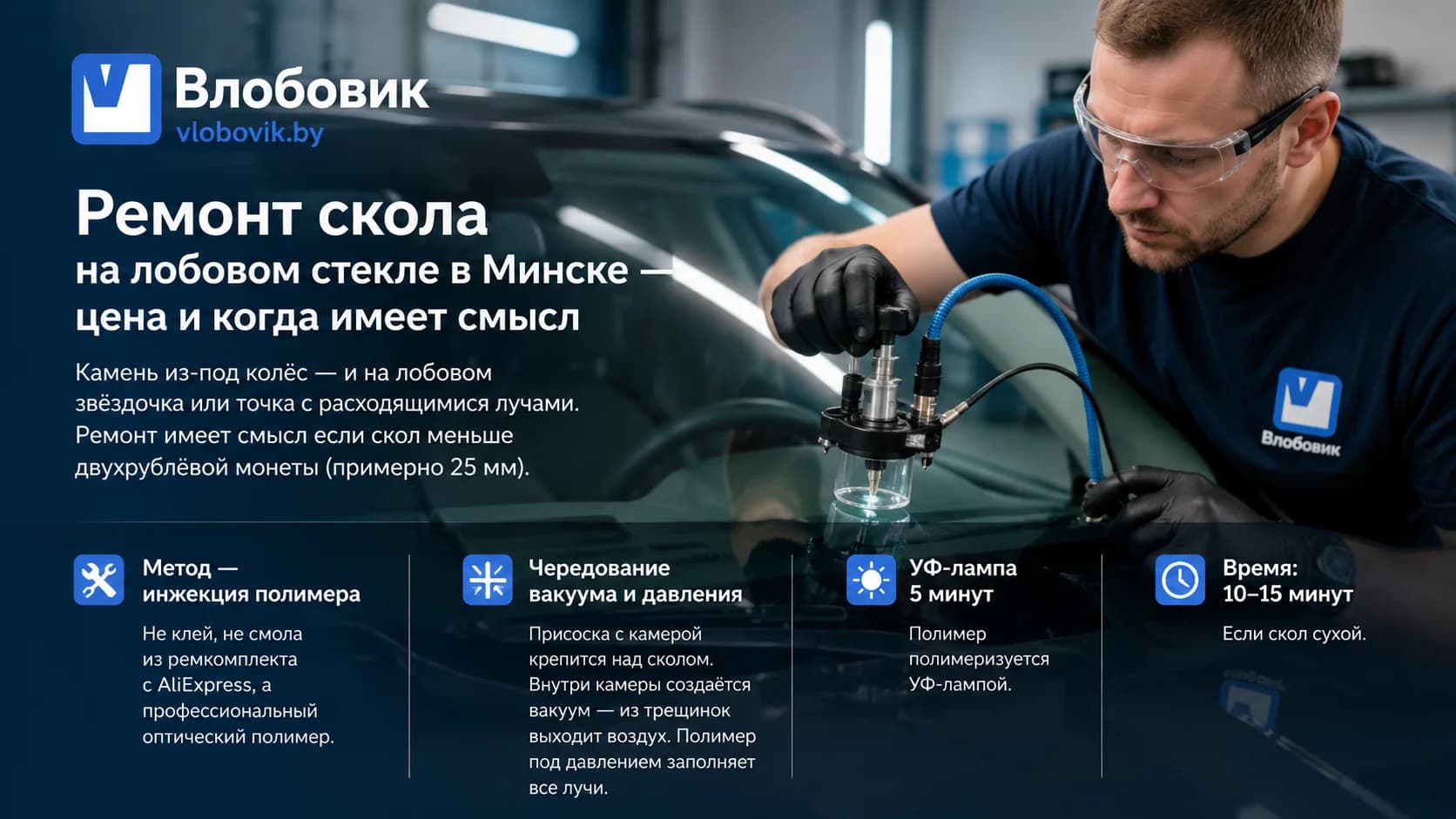 Ремонт скола на лобовом стекле в Минске — цена и когда имеет смысл